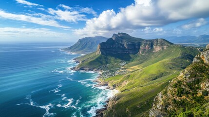 Dramatic coastal scenery with rugged mountains and vibrant green hills meet the azure ocean