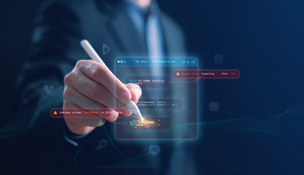 A developer analyzing SQL queries on a digital hologram interface, highlighting syntax errors and incorrect columns for debugging, data validation, and modern database troubleshooting tasks.