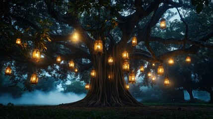 Enchanting ancient tree illuminated by lanterns at night