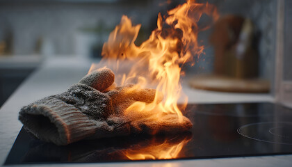 Burning oven mitt on a hot stove surface with flames spreading in a kitchen, fire safety during holiday cooking footage.