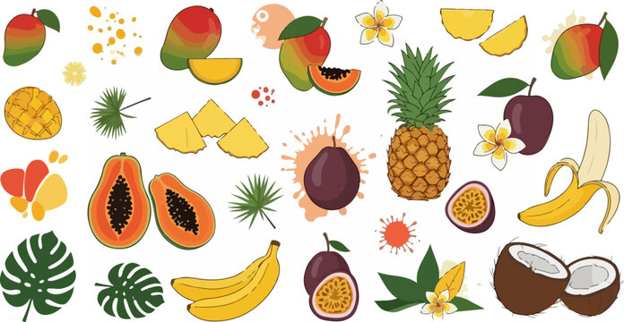 A vibrant collection of tropical fruits including mangoes, pineapples, papayas, bananas, passion fruits, and coconuts, with exotic leaves and flowers.