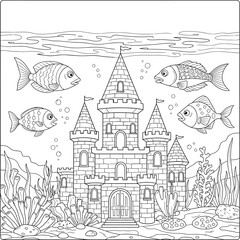 Obraz premium Fantasy Ocean Castle Scene Line Art for Coloring Book