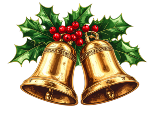 Two golden christmas bells with holly and berries isolated on transparent background