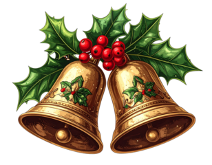 Golden christmas bells with holly and berries isolated on transparent background