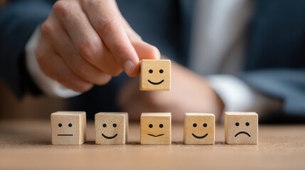 Person selecting happy face cube from others