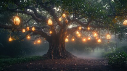 Mystical ancient tree adorned with glowing lanterns in a foggy forest
