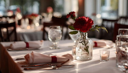 Romantic table setup with single red flower centerpiece and white tablecloth