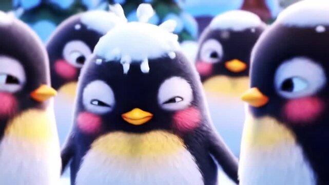 Little penguin learns to jump into the water, hesitates then jumps and makes a big splash, his friends laugh, cute cartoon style
