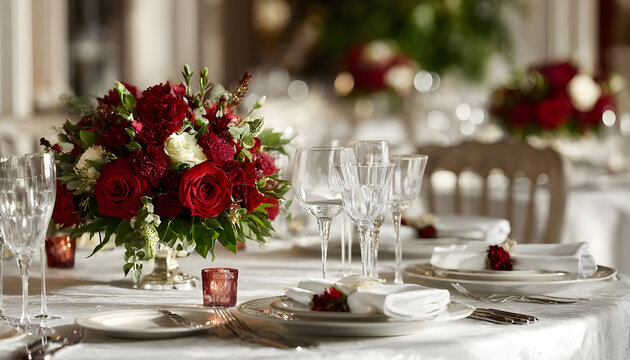 Romantic table setup with single red flower centerpiece and white tablecloth