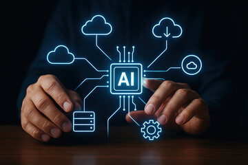 Hands surrounding a glowing digital illustration of an AI chip connected to cloud, data, and network icons, symbolizing artificial intelligence technology and system integration