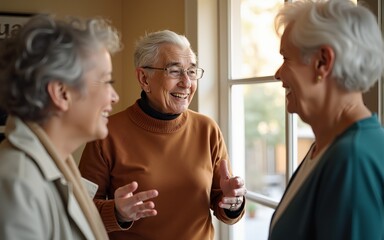 Welcoming friends, diverse senior group having cheerful conversation at home doorway. High quality
