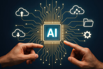 Hands surrounding a glowing digital illustration of an AI chip connected to cloud, data, and network icons, symbolizing artificial intelligence technology and system integration