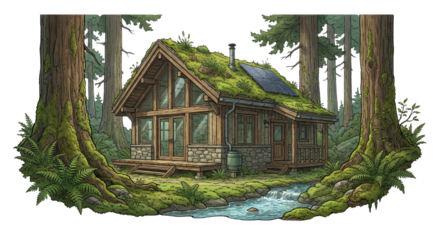 Illustration of cozy cabin in forest near river with grass roof and solar panel isolated on transparent background
