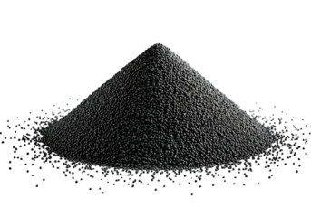 Conical pile of tiny dark granules on a clean studio background