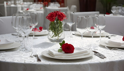 Romantic table setup with single red flower centerpiece and white tablecloth