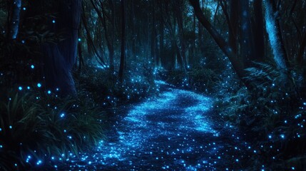 Mystical forest path illuminated by bioluminescent creatures. Lush vegetation lines a winding trail, glowing with an ethereal blue light