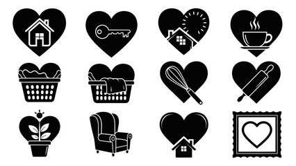 Heart shaped icons representing home family and domestic activities in black and white