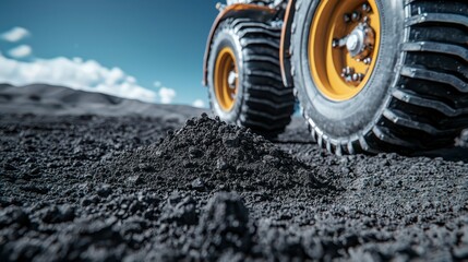 A close-up of a tractor tire on dark soil, emphasizing texture and machinery in a rugged landscape under a clear blue sky.