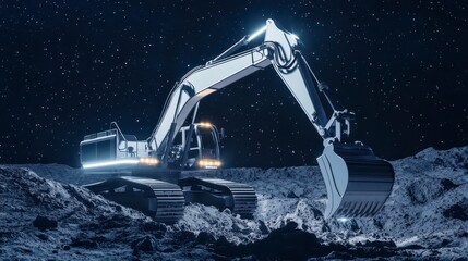 A futuristic excavator operates on a lunar surface, illuminated by stars, showcasing advanced technology in a cosmic landscape.