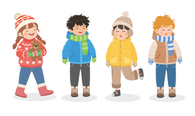 Winter Kids Clipart Set with four adorable children dressed in cozy winter outfits. Each character is designed in a cute flat cartoon style with warm jackets, scarves, hats, boots. Hello winter vector