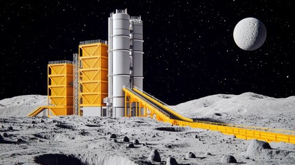 A futuristic lunar base with yellow structures and a moon in the background, set against a starry sky on the moon's surface.