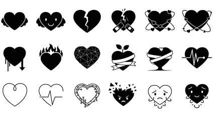 Collection of black and white grunge heart icons for valentine s day