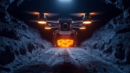 A futuristic drone hovers in a dark tunnel, illuminating a fiery orange glow, suggesting exploration or mining in an underground environment.