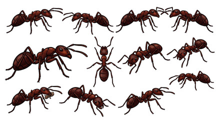 Detailed depiction of a group of ants with realistic rendering on a transparent background