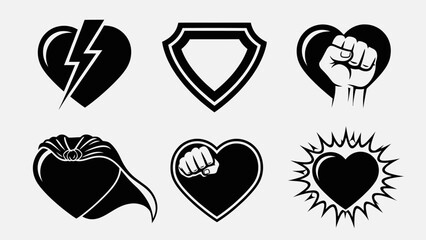 Superhero heart icons power protection and resilience in graphic design