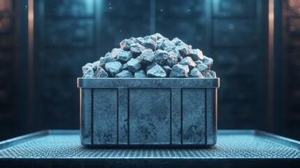 A futuristic metal container filled with dark, textured rocks, illuminated in a blue-toned environment, suggesting a focus on materials or mining.