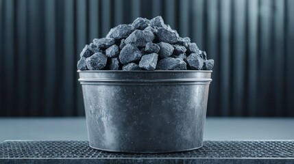 A bucket filled with dark, rough coal chunks, set against a textured background, emphasizing the material's ruggedness and industrial nature.
