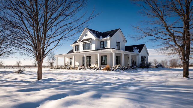 Beautiful White Farmhouse with Black Metal Roof Surrounded by Snow in Winter