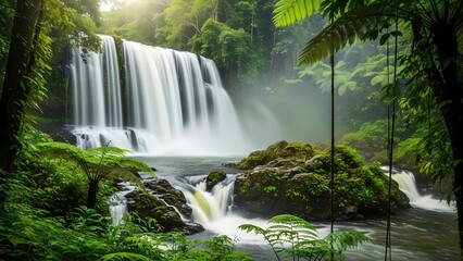 Obraz premium Lush Waterfall Oasis Serene Cascades & Verdant Nature