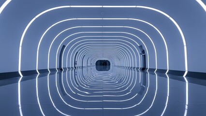 Obraz premium Vanishing point perspective of a futuristic, glowing blue light tunnel with a reflective surface, creating an abstract, modern design