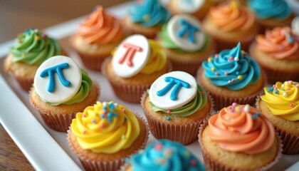 Delicious cupcakes decorated with colorful frosting and Pi symbol toppers on white tray. Sweet treats for Pi Day celebration or educational events. Baked goods with math theme for learning.