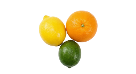 Group of three citrus fruits including lemon lime and orange in a triangle formation isolated on transparent background