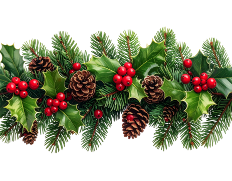 Christmas garland with pine cones holly berries and evergreen branches isolated on transparent background