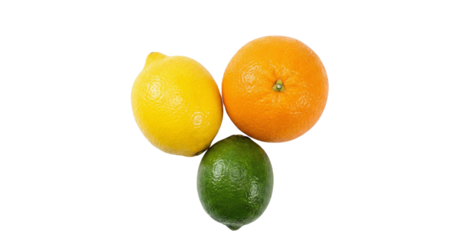 Group of three citrus fruits including lemon lime and orange in a triangle formation isolated on transparent background
