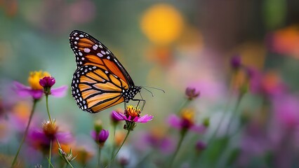 Naklejka premium Beautiful Butterfly Resting on Vibrant Wildflower in Blurred Garden Background