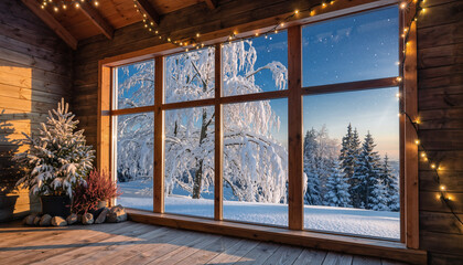 Serene winter scene through decorated window with holiday lights