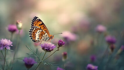 Obraz premium Beautiful Butterfly Resting on Delicate Wildflower in Nature
