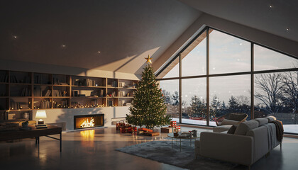 Elegant Christmas living room with tree and fireplace