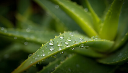A closeup of a green aloe vera leaf with water droplets on it. The leaf is in sharp focus, while the background is blurred, emphasizing the leaf and droplets. The colors are predominantly green