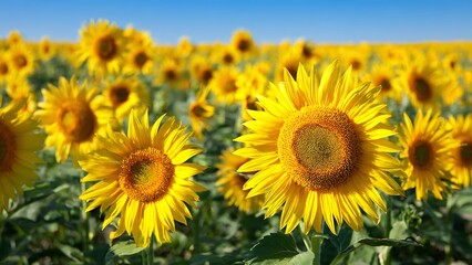Obraz premium Bright Sunflowers in Field Facing the Sun Under Clear Blue Sky