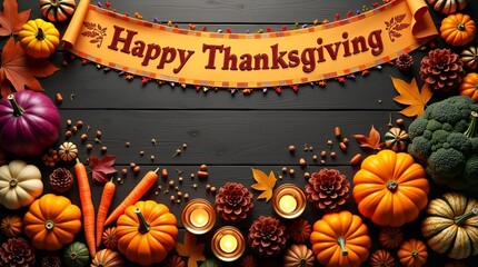 Happy Thanksgiving still life with bright pumpkins, earthy vegetables, and natural fall elements arranged neatly on a deep wooden background