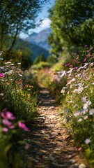 Obraz premium Narrow Dirt Path Leading Through Vibrant Wildflowers in Scenic Landscape