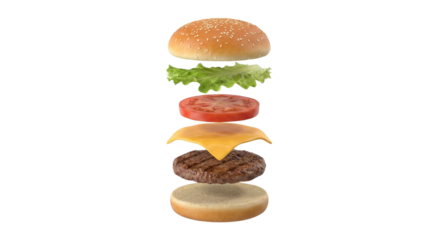 Exploded view of burger layers in air, including buns, beef, tomato, lettuce and cheese isolated on transparent background