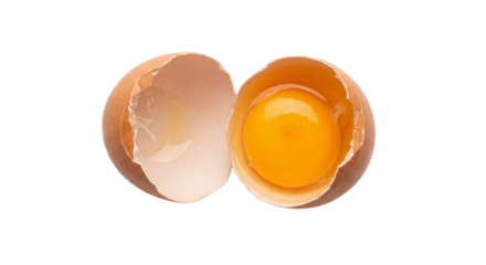 Broken open egg with yolk and shell separated on transparent background studio isolated on transparent background