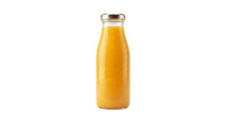 Bottled organic mango juice with gold metal lid on transparent background diet isolated on transparent background
