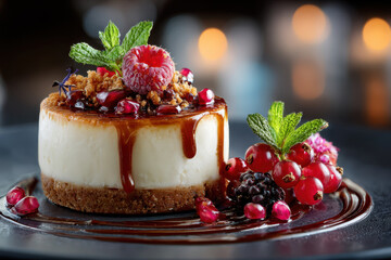Gourmet Mini Cheesecake Dessert with Berries Caramel and Crumble Topping